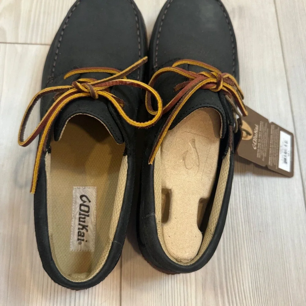 NEW OluKai Mano Black Kona Coffee Waterproof Leather Boat Shoes Mens 10